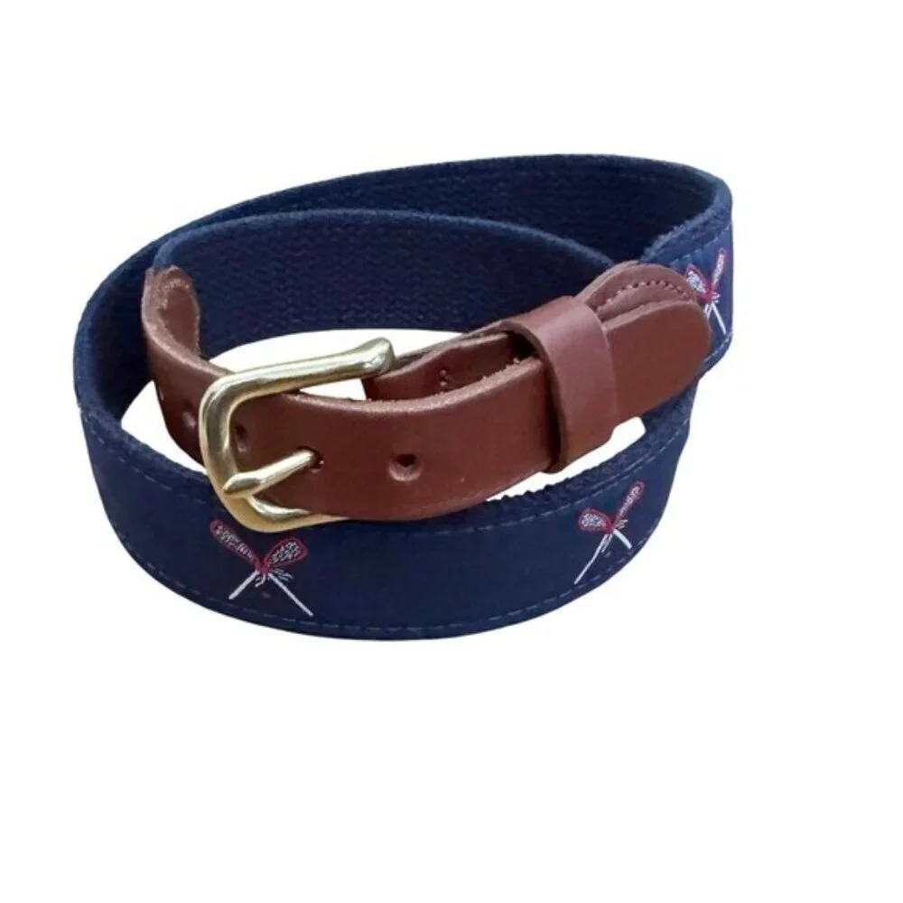 Leather Man Embroidered Lacrosse Belt Brass Buckle Leather Trim Navy Size 30